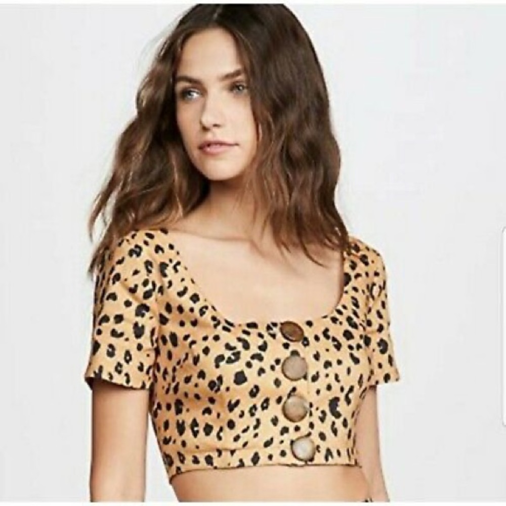NICHOLAS Tencel Linen Leopard Print Crop Top in Amber NWT